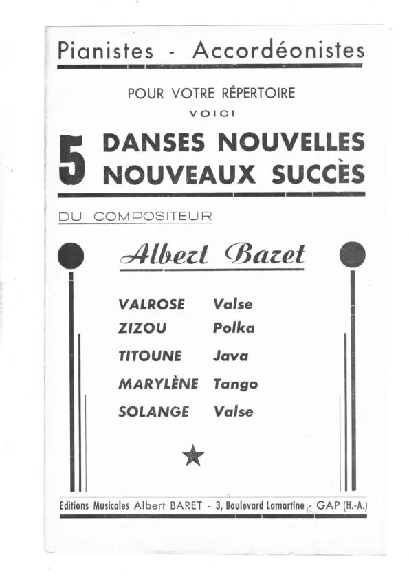 télécharger la partition d'accordéon Recueil : 5 Danses Nouvelles (Valrose + Zizou + Titoune + Marylène + Solange) au format PDF