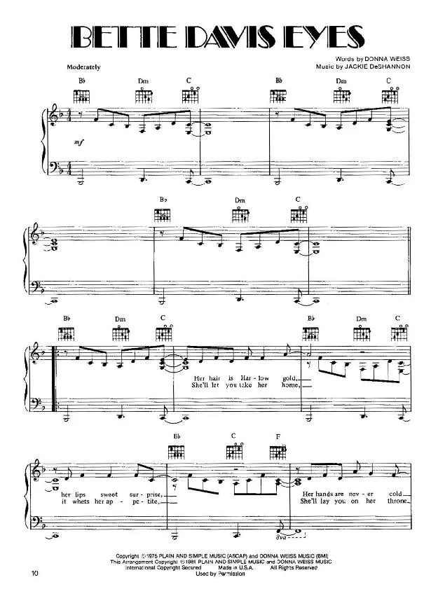 télécharger la partition d'accordéon Bette Davis Eyes au format PDF