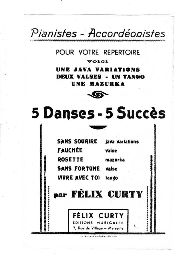 télécharger la partition d'accordéon Recueil : 5 Danses 5 Succès (Sans sourire + Fauchée + Rosette + Sans fortune + Vivre avec toi) au format PDF