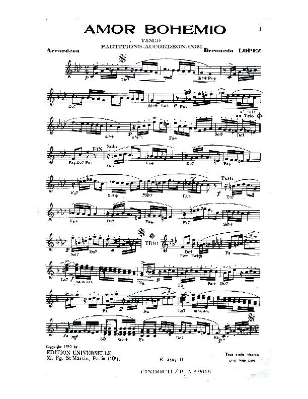 télécharger la partition d'accordéon Amor Bohemio (Tango) au format PDF