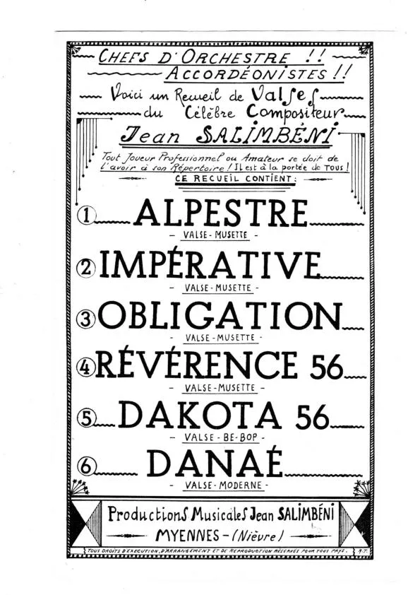 télécharger la partition d'accordéon Recueil de Valses du célèbre compositeur Jean Salimbéni : (Alpestre + Impérative + Obligation + Révérence 56 + Dakota 56 + Danaé) au format PDF