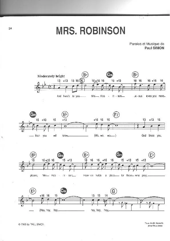 télécharger la partition d'accordéon Mrs Robinson (Simon and Garfunkel) au format PDF