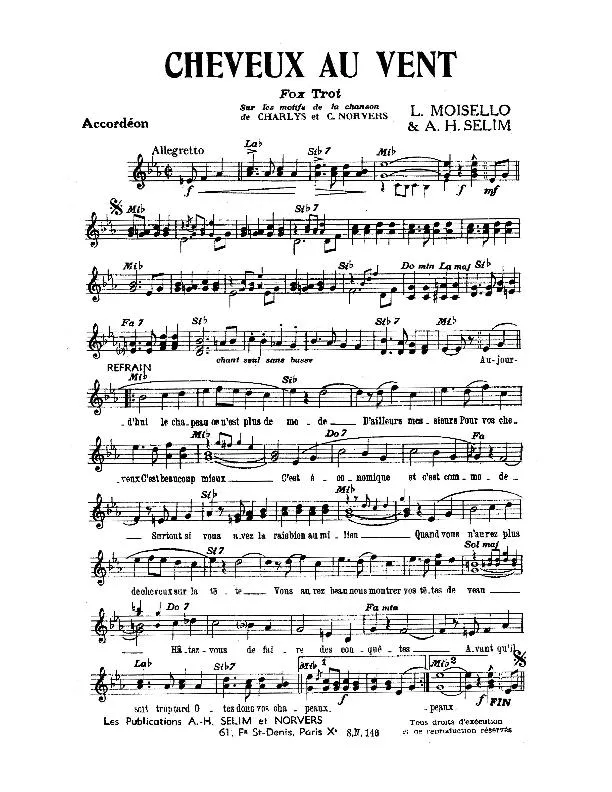 télécharger la partition d'accordéon Cheveux au vent (Sur les motifs de la chanson de Charlys et Camille Norvers) au format PDF