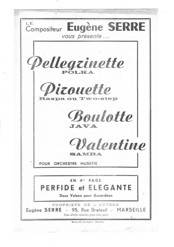 télécharger la partition d'accordéon Recueil : Le compositeur Eugène Serre vous présente : Pellegrinette + Pirouette + Boulotte + Valentine (Orchestration) + Perfide + Elégante au format PDF