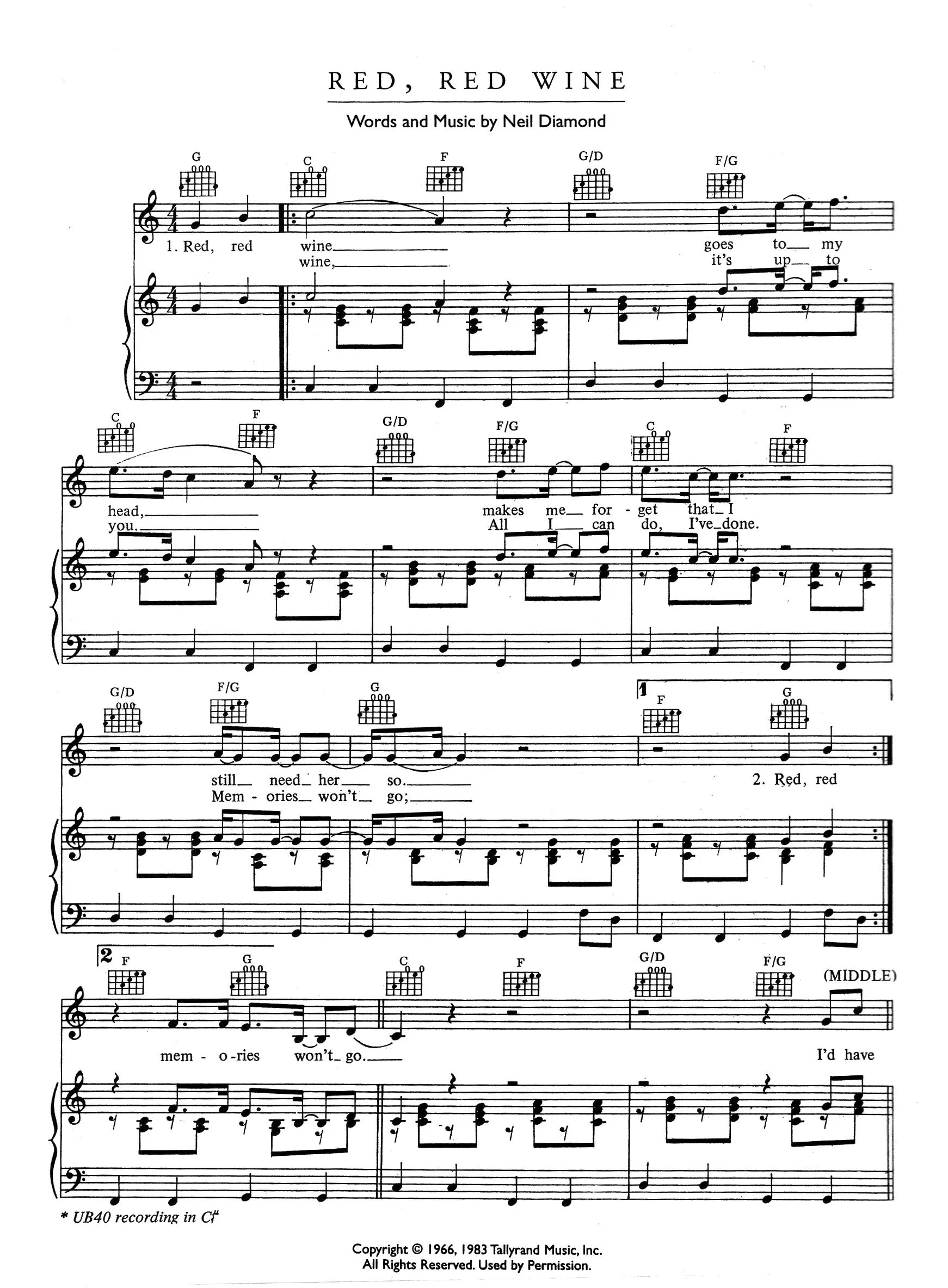 télécharger la partition d'accordéon Red red wine (Chant : UB 40) au format PDF