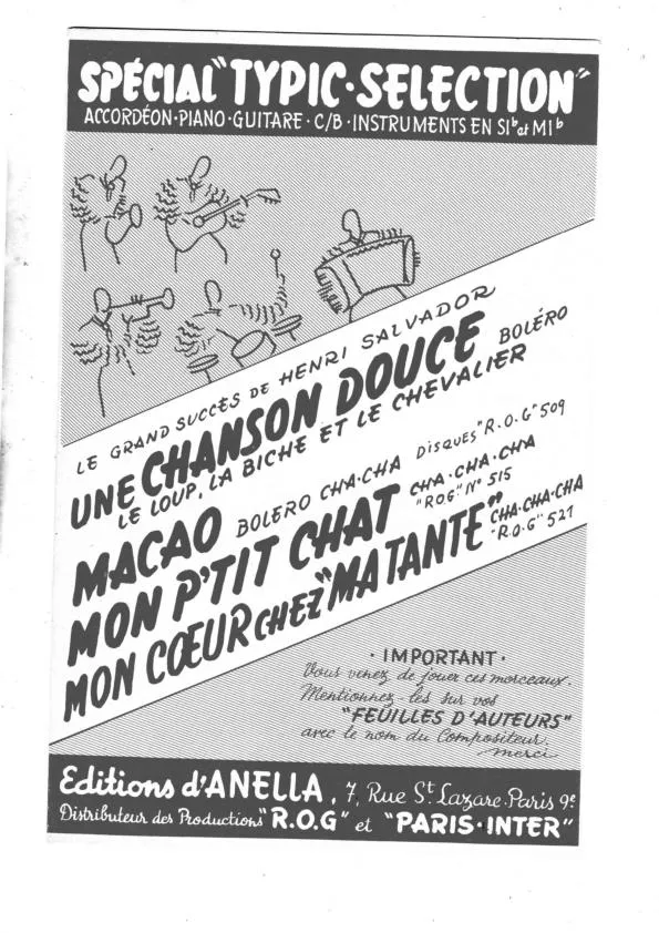 télécharger la partition d'accordéon Recueil : Spécial Typic Sélection : Une chanson douce (Le loup La biche et Le chevalier ) + Macao + Mon p'tit chat + Mon cœur chez ma tante (Boléro + Boléro Cha Cha + Cha Cha Cha) au format PDF