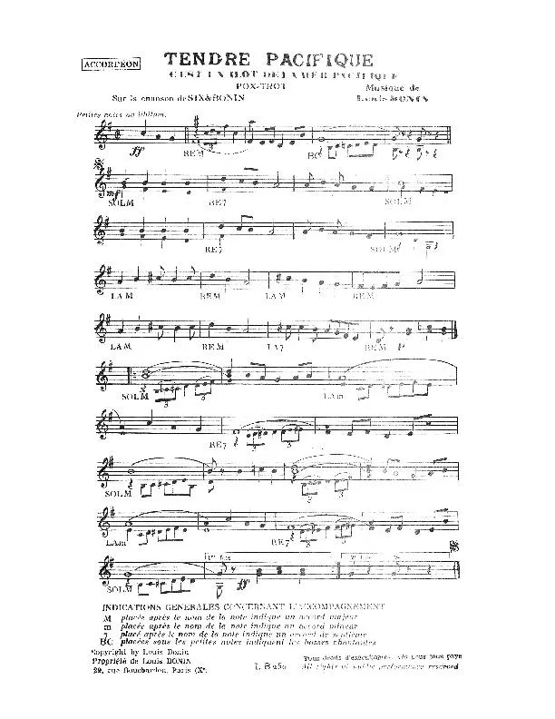 télécharger la partition d'accordéon Tendre Pacifique (C'est un îlot de la mer Pacifique) (Sur la chanson de Six) (Fox Trot) au format PDF