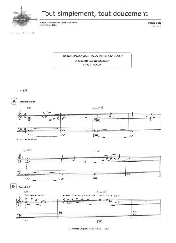 télécharger la partition d'accordéon Tout simplement Tout doucement (Chant : Bibie) au format PDF