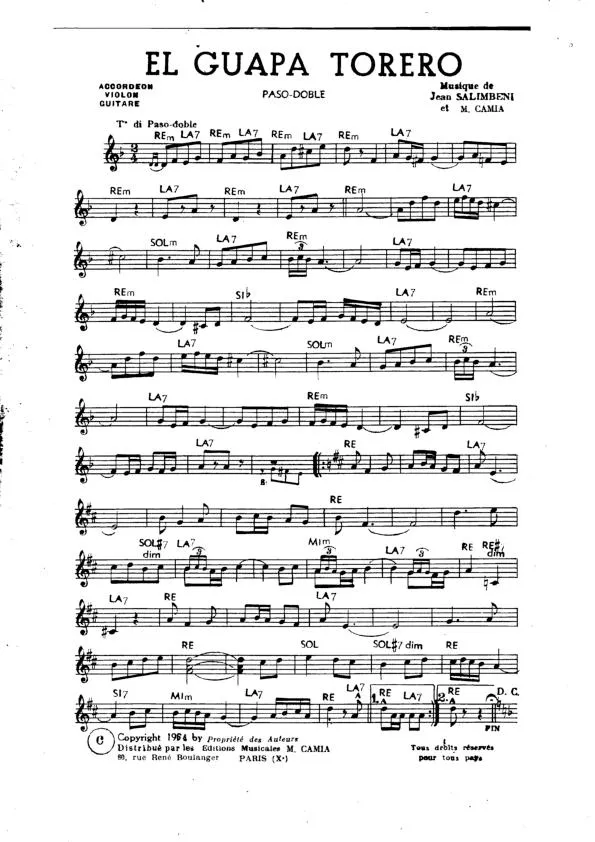 télécharger la partition d'accordéon El Guapa Torero (Orchestration) (Paso Doble) au format PDF