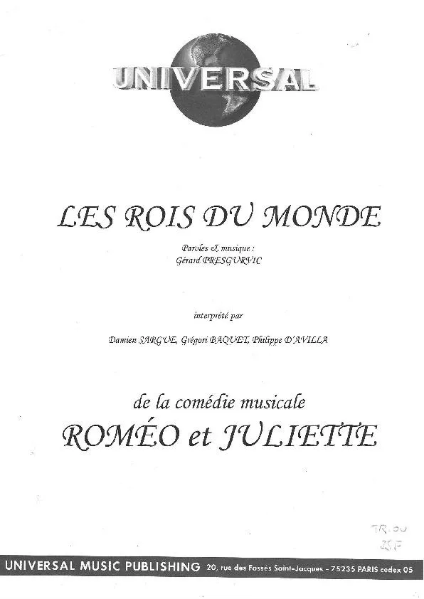télécharger la partition d'accordéon Les rois du monde (De la comédie musicale : Roméo et Juliette) (Chant : Damien Sargue / Grégori Baquet / Philippe d'Avilla) au format PDF