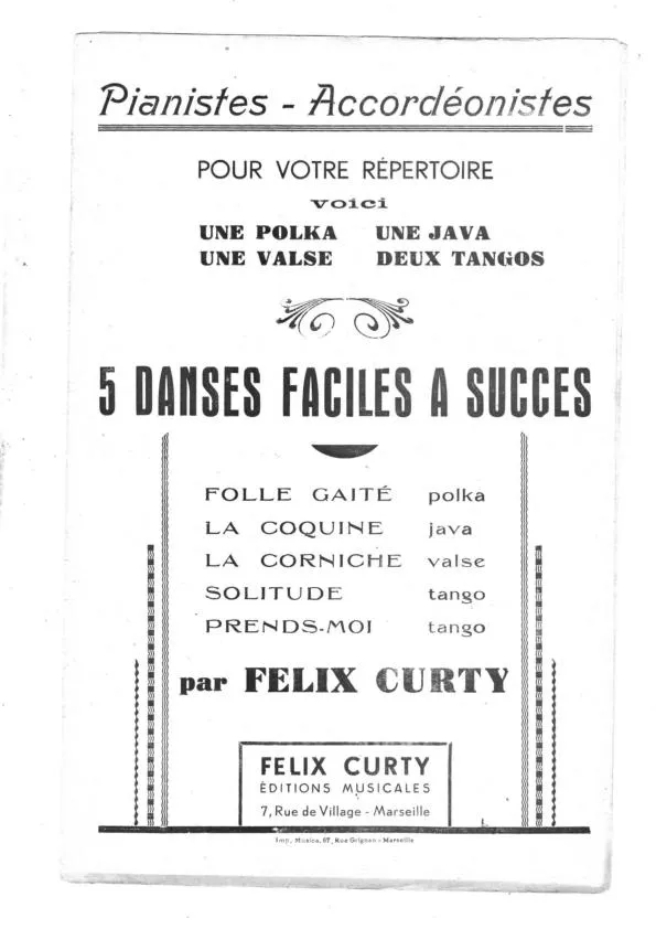 télécharger la partition d'accordéon Recueil : 5 danses faciles à succès (Folle gaîté + La coquine + La corniche + Solitude + Prends moi) au format PDF