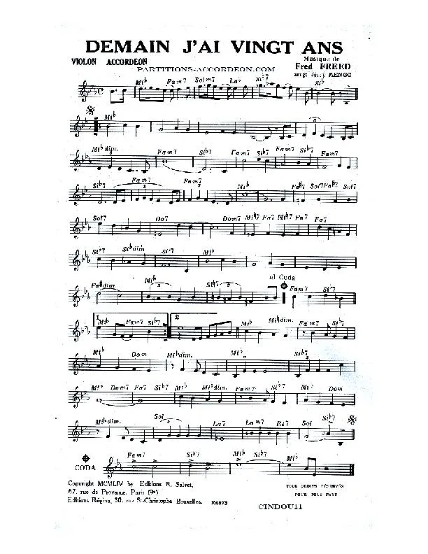 télécharger la partition d'accordéon Demain j'ai vingt ans (Du Film : J'avais sept filles) (Arrangement : Jerry Mengo) (Orchestration) au format PDF