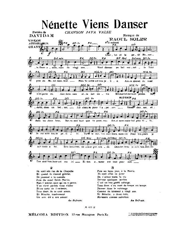 télécharger la partition d'accordéon Nénette viens danser (Chanson Java Valse) au format PDF