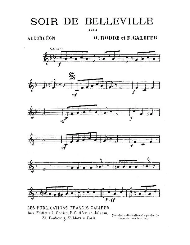 télécharger la partition d'accordéon Soir de Belleville (Java) au format PDF