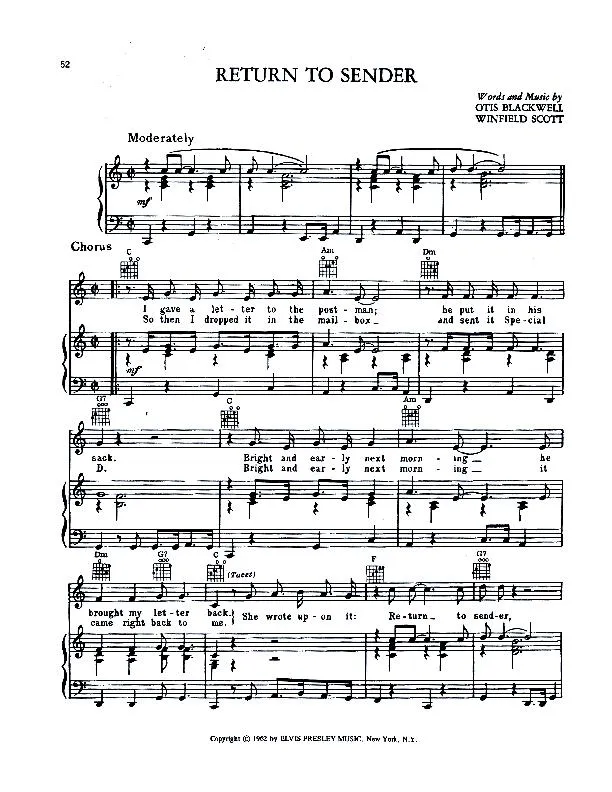 télécharger la partition d'accordéon Return to sender (Chant : Elvis Presley) au format PDF