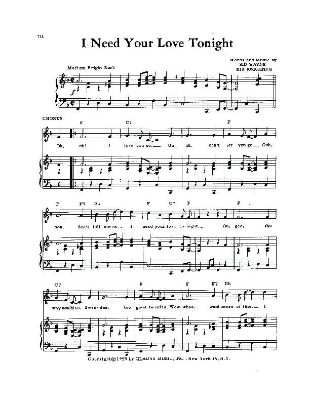 télécharger la partition d'accordéon I Need Your Love Tonight (Chant : Elvis Presley) (Rock) au format PDF