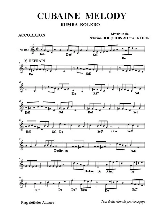 télécharger la partition d'accordéon Cubaine Melody (Rumba Boléro) au format PDF