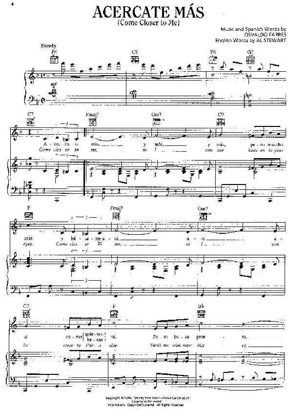 télécharger la partition d'accordéon Acercate mas (Come closer to me) (Slow) au format PDF