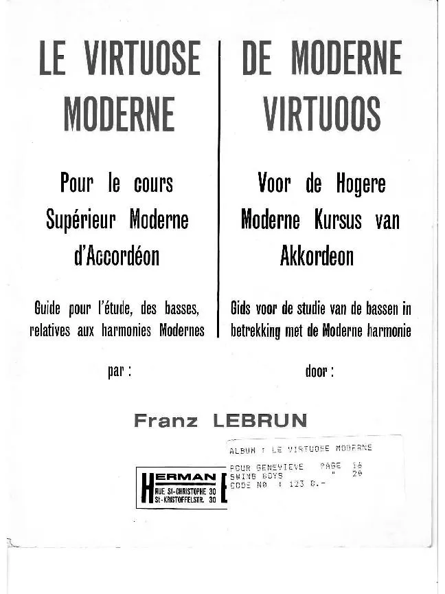 télécharger la partition d'accordéon Méthode : Le virtuose moderne : Pour le cours supérieur moderne d'Accordéon : Guide pour l'étude des basses relatives aux harmonies modernes  au format PDF