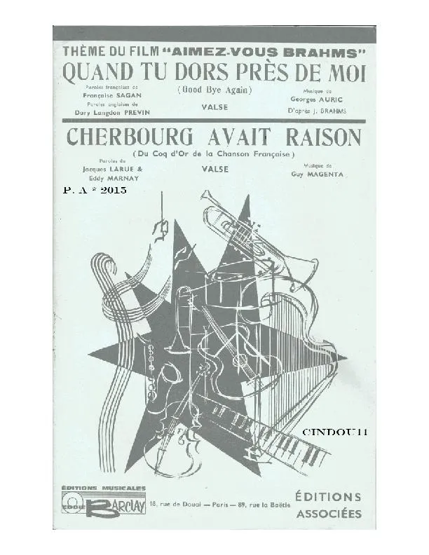 télécharger la partition d'accordéon Quand tu dors près de moi (Good bye again) (Du Film : Aimez Vous Brahms) (D'après : Johannes Brahms) (Orchestration Complète) (Valse) au format PDF