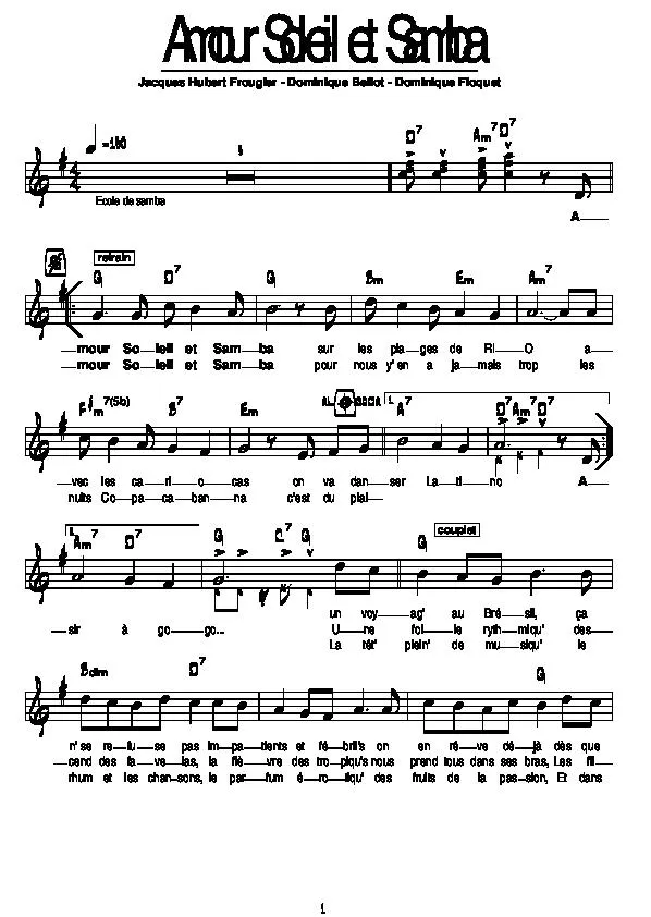 télécharger la partition d'accordéon Amour soleil et samba au format PDF