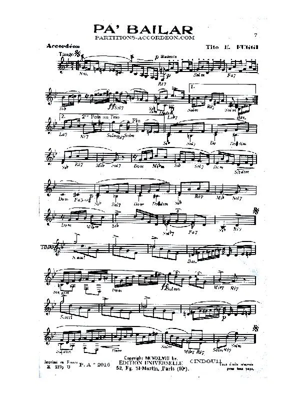 télécharger la partition d'accordéon Pa' Bailar (Tango) au format PDF