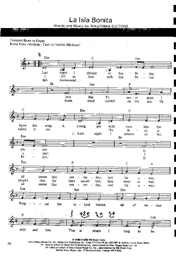 télécharger la partition d'accordéon La Isla Bonita (Bossa Nova ou Samba) au format PDF