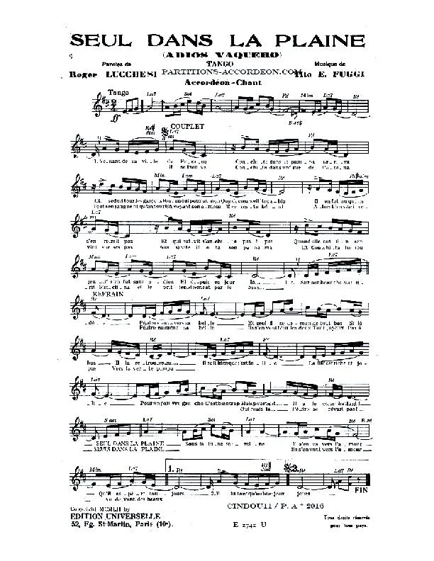 télécharger la partition d'accordéon Seul dans la plaine (Adios Vaquero) (Tango) au format PDF