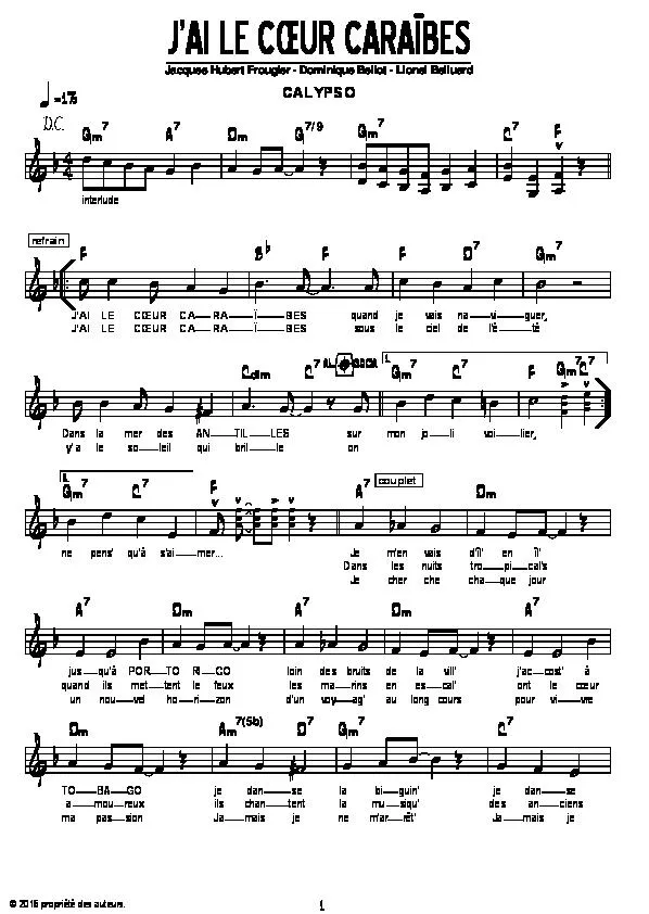 télécharger la partition d'accordéon J’ai le cœur Caraïbes (Calypso) au format PDF