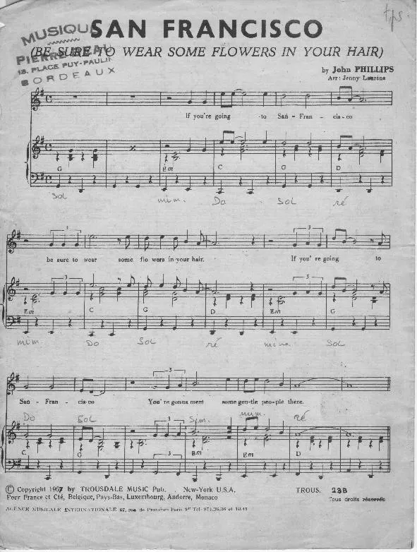 télécharger la partition d'accordéon San Francisco (Be sure to wear some flowers in your hair) (Arrangement : Jenny Laurens) (Chant : Johnny Hallyday) au format PDF