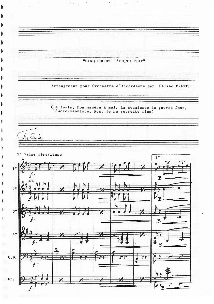 télécharger la partition d'accordéon Cinq Succès d'Edith Piaf (Conducteur) au format PDF