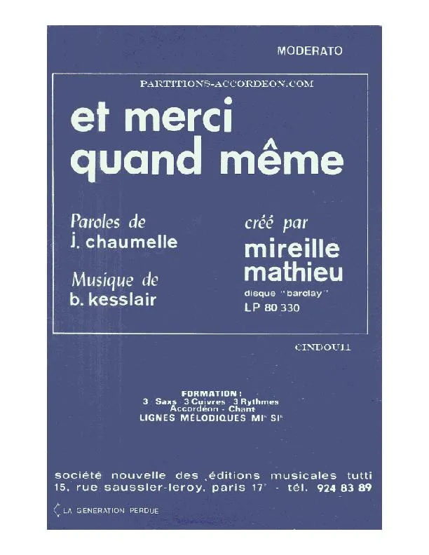 télécharger la partition d'accordéon Et merci quand même (Chant : Mireille Mathieu) (Orchestration Complète) au format PDF