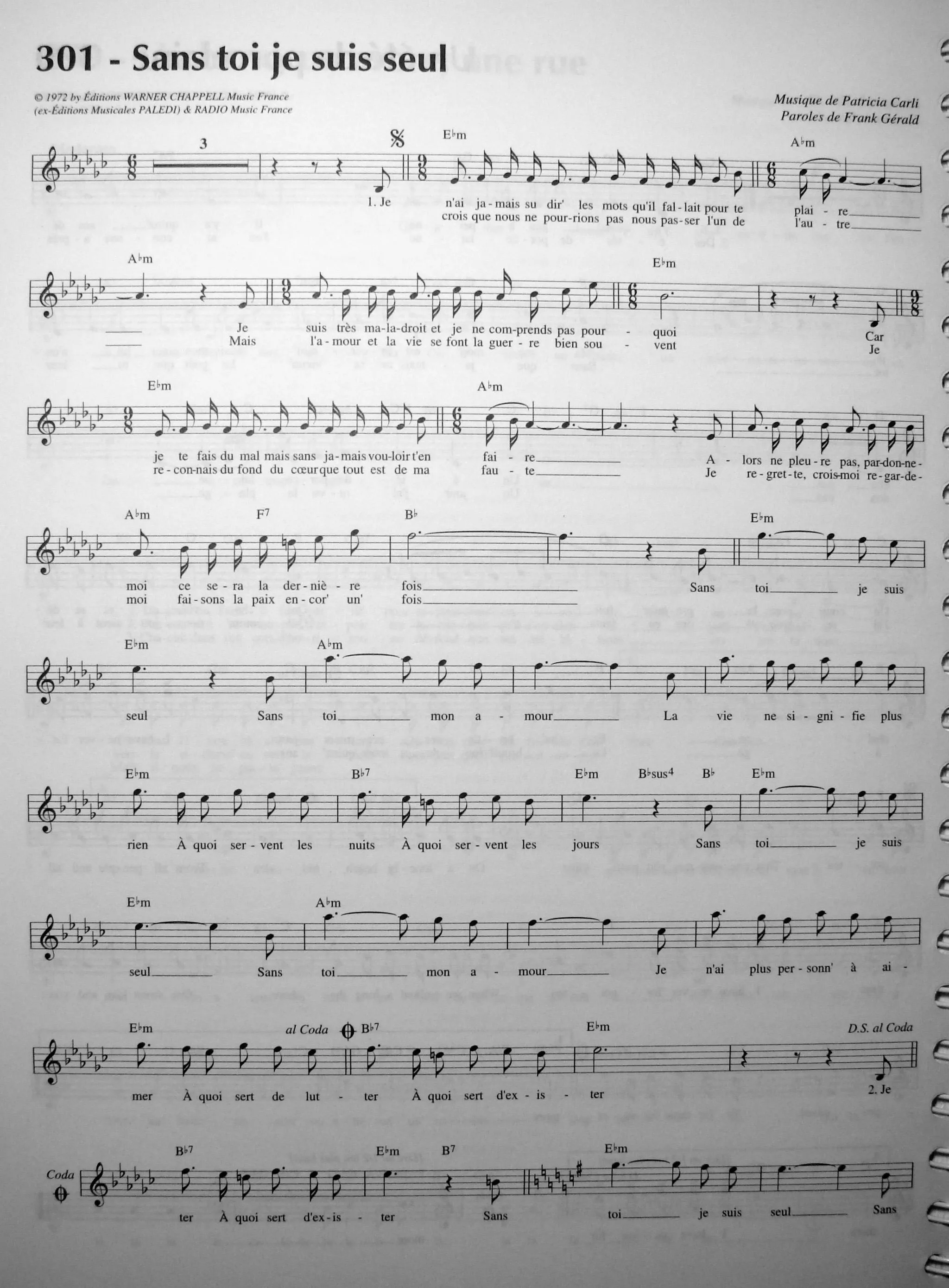 télécharger la partition d'accordéon Sans toi je me sens seul (Chant : Christian Delagrange) au format PDF