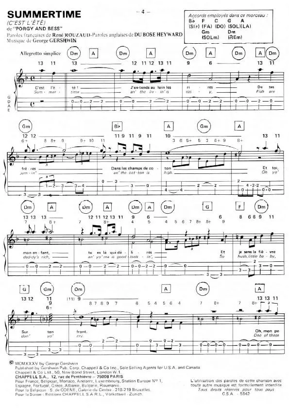 télécharger la partition d'accordéon Summertime (C'est l'été) (De l'opéra : Porgy and Bess) au format PDF