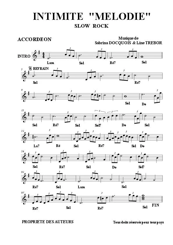 télécharger la partition d'accordéon Intimité Mélodie (Slow Rock) au format PDF