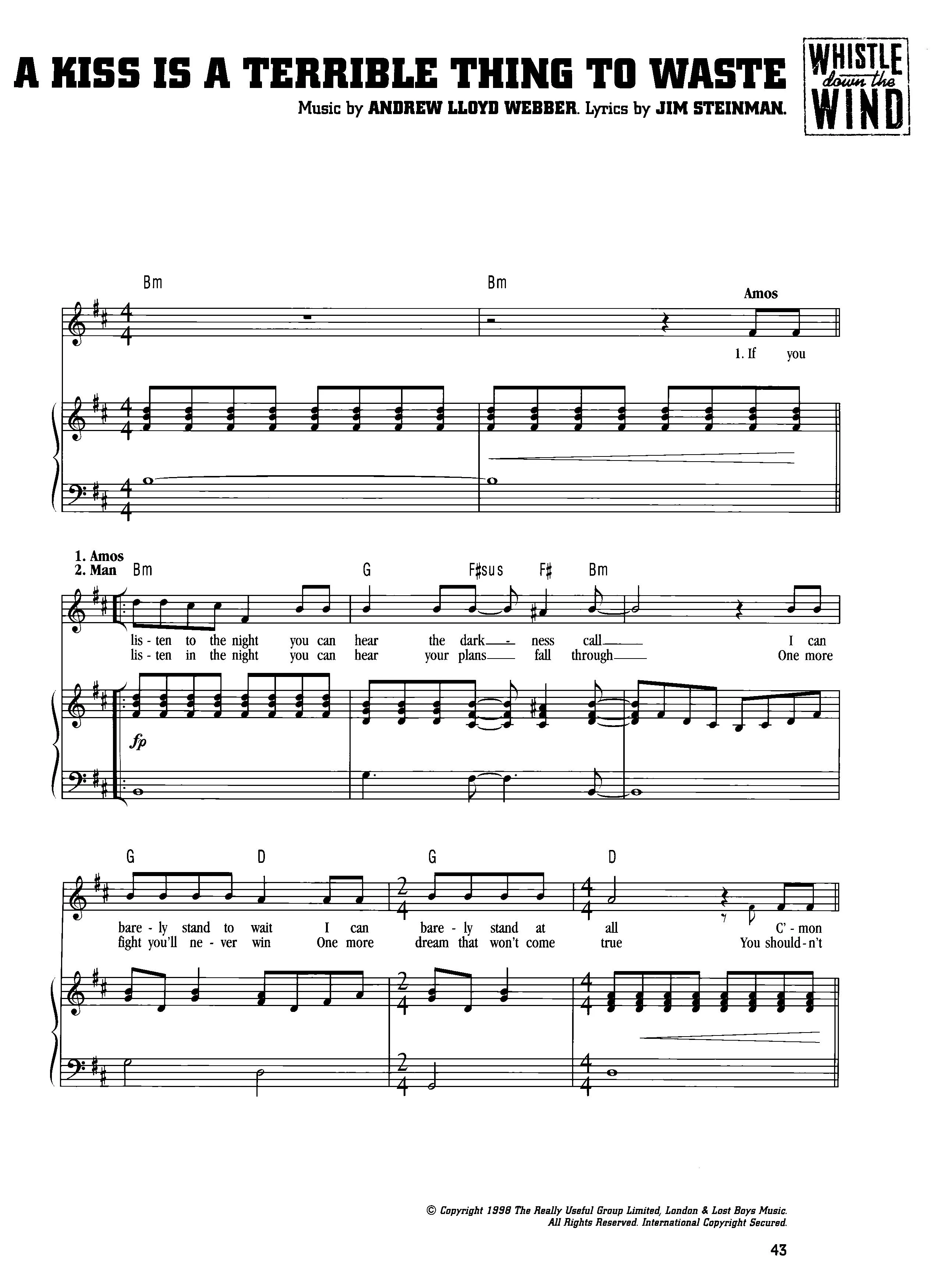 télécharger la partition d'accordéon A kiss is a terrible thing to waste (Extrait de : Whistle down the wind) (Interprète : Meat Loaf) au format PDF