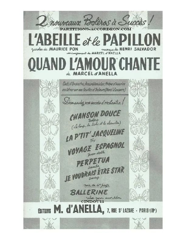 télécharger la partition d'accordéon L'abeille et le papillon (Arrangement : Marcel d'Anella) (Orchestration) (Boléro) au format PDF