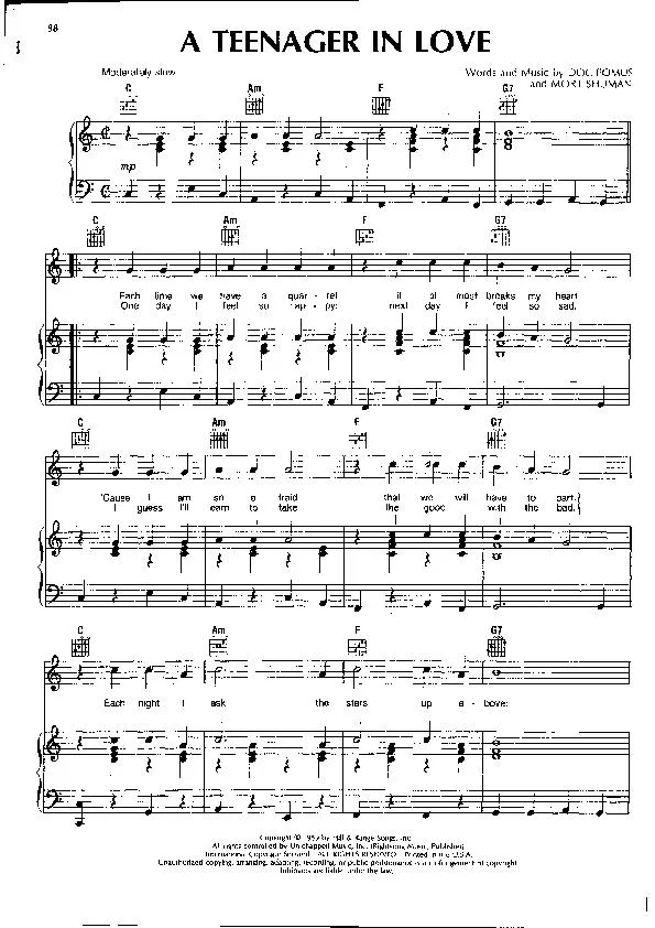 télécharger la partition d'accordéon A teenager in love (Interprête: Dion and the Belmonts) (Medium Swing) au format PDF