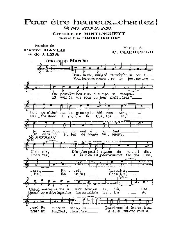 télécharger la partition d'accordéon Pour être heureux chantez (Du film : Rigolboche) (Chant : Mistinguett) (One Step Marche) au format PDF
