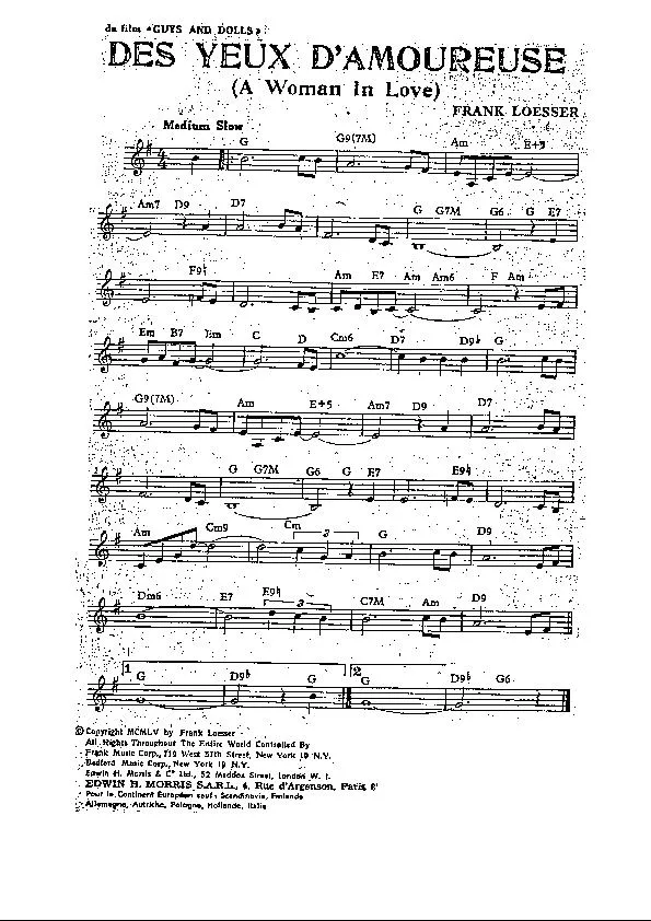 télécharger la partition d'accordéon Des yeux d'amoureuse (A woman in love) (Extrait de : Guys and Dolls) (Interprète: The Four Aces / Marlon Brando et Jean Simmons / Frankie Laine / André van Duin) (Slow Fox) au format PDF