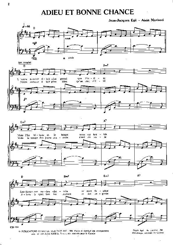 télécharger la partition d'accordéon Adieu et bonne chance (Interprète : Alain Morisod et Sweet People) (Slow Rock) au format PDF