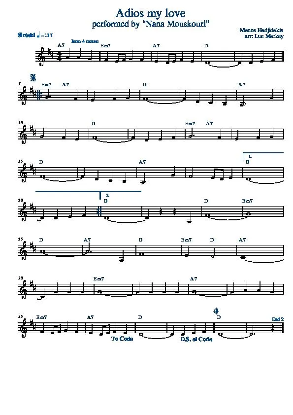télécharger la partition d'accordéon Adios my love (Arrangement : Luc Markey) (Interprète : Nana Mouskouri) (Sirtaki) (Relevé) au format PDF