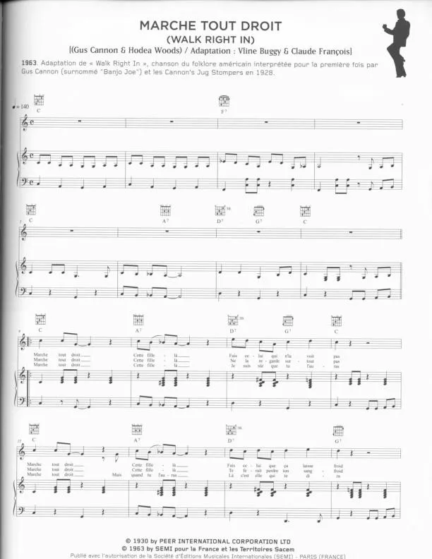 télécharger la partition d'accordéon Marche tout droit (Walk Right In) (Adaptation : Vline Buggy & Claude François) (Chant : Claude François / Gus Cannon & les Cannon's Jug Stompers) au format PDF