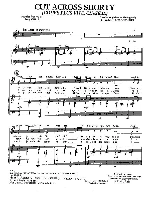 télécharger la partition d'accordéon Cut across shorty (Cours plus vite Charlie) (Interprète : Johnny Halliday) (Medium Swing) au format PDF