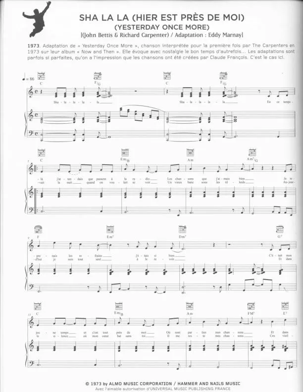 télécharger la partition d'accordéon Sha la la (Hier est près de moi) (Yesterday Once More) (Adaptation : Eddy Marnay) (Chant : Claude François / The Carpenters) au format PDF