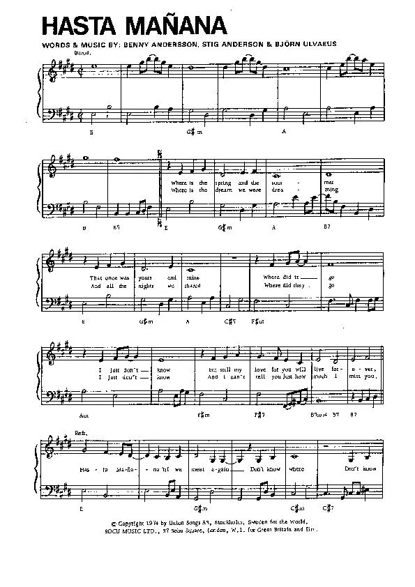 télécharger la partition d'accordéon Hasta mañana (Interprète : Abba) (Medium Fox) au format PDF
