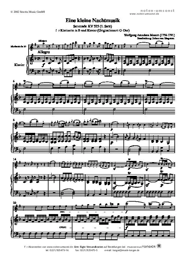 télécharger la partition d'accordéon Eine kleine Nachtmusik (Petite Musique de Nuit) (Arrangement : Johan van Slageren) (Clarinette Sib + Piano) au format PDF