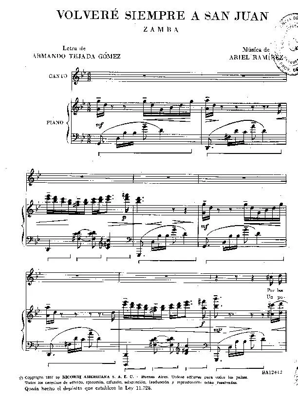 télécharger la partition d'accordéon Volveré siempre a San Juan (Zamba Chantée) (Piano) au format PDF