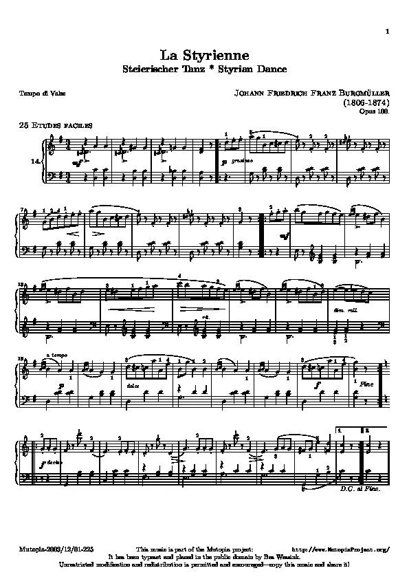 télécharger la partition d'accordéon La Styrienne (Valse) (25 Etudes faciles : N°14) (Piano) au format PDF
