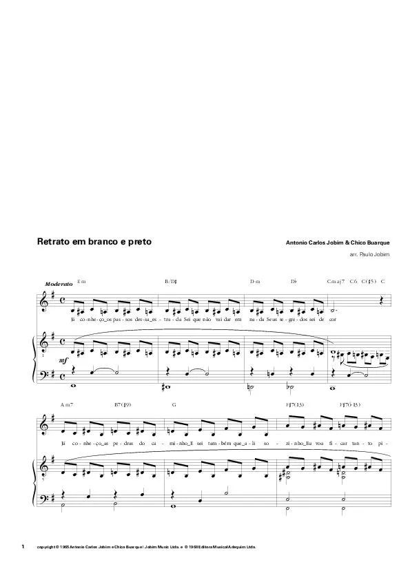 télécharger la partition d'accordéon Retrato em Branco e Preto (Arrangement : Paulo Jobim) (Samba) au format PDF